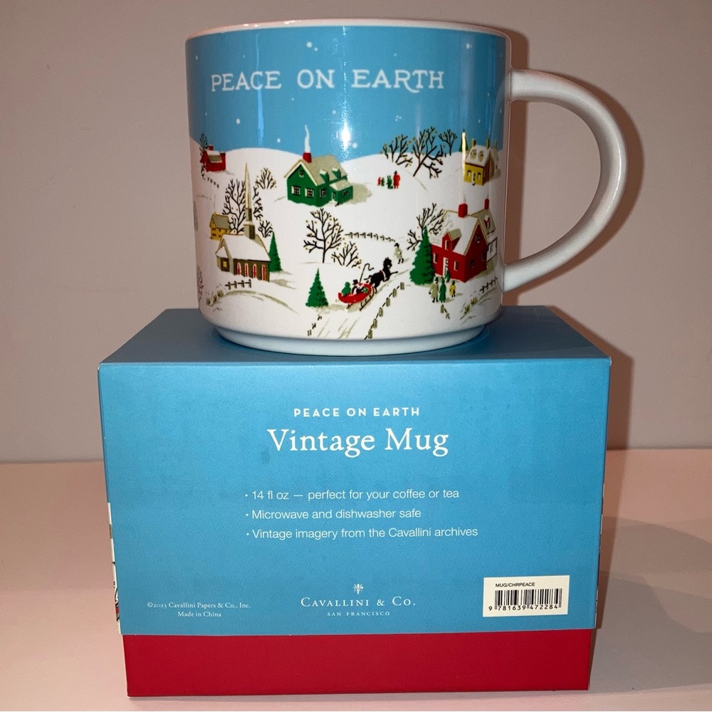 NIB Cavallini & Co Whimsical Blue and White Christmas Winter Retro Vintage Mug - Picture 3 of 15